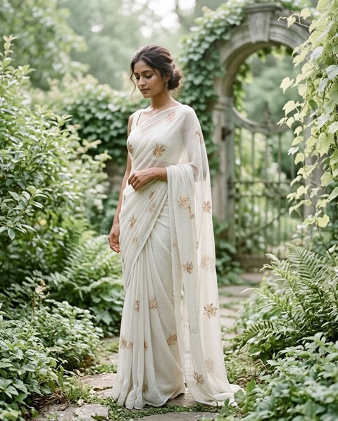 Pastel green maple leaf emb georgette saree
