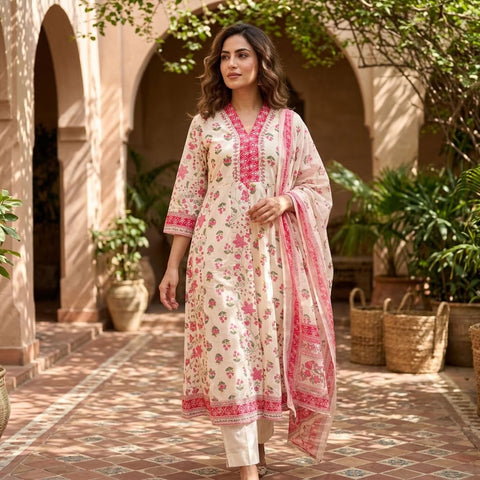 Floral Printed Pure Cotton V neck Kurta pant set