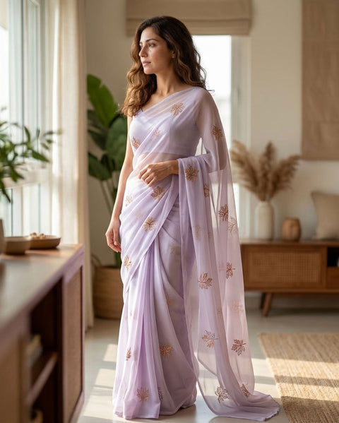 Lavender maple leaf emb georgette saree