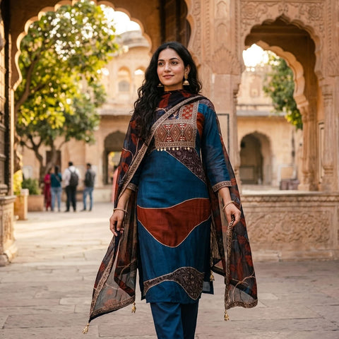 Ajrakh Printed Russian silk suit material