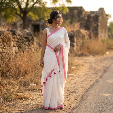 Plain cotton linen saree
