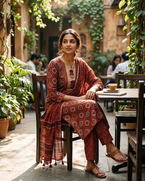 Printed cotton kurta pant set