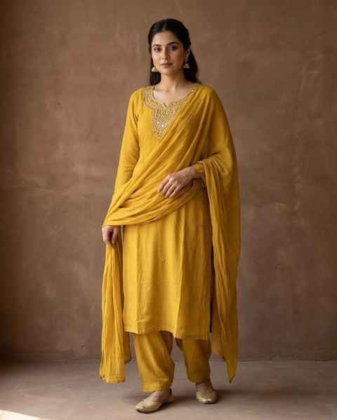 Embroidery mul chanderi kurta pant set