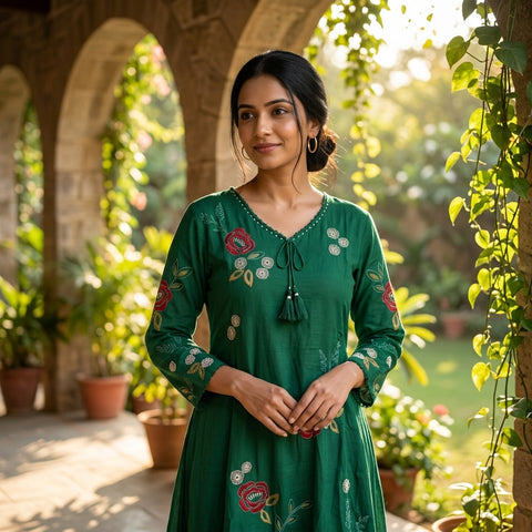 Green floral emb pure cotton suit set
