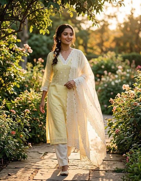 Emb chanderi suit top with cotton dupatta
