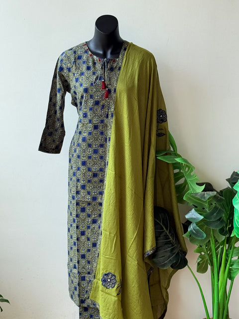 Blue/green ajrakh printed cotton suit set