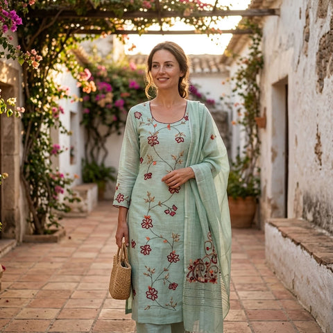 French knot hand emb silk linen sets