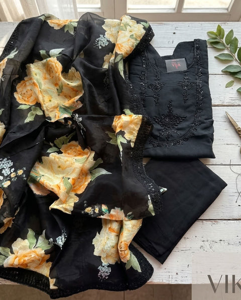 Black sequins muslin salwar material