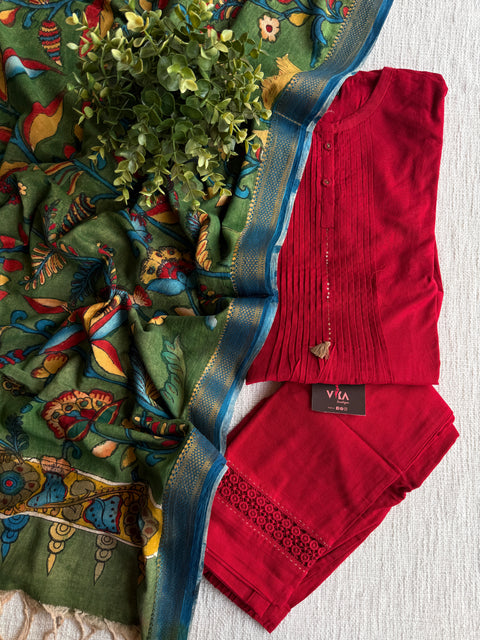 L size Red kurta pant with kalamkari dupatta