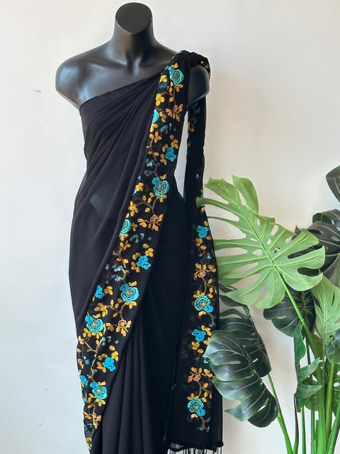 Floral emb Black georgette saree