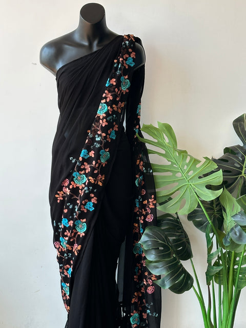 Floral emb Black georgette saree