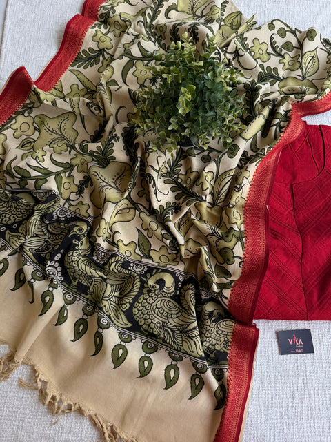 Plain silk Cotton top with kalamkari dupatta