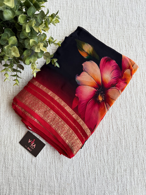 Zari border pure chiffon saree - Black
