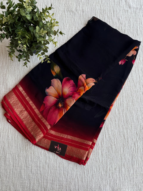 Zari border pure chiffon saree - Black