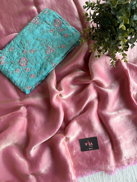 Baby pink shiny tissue organza saree