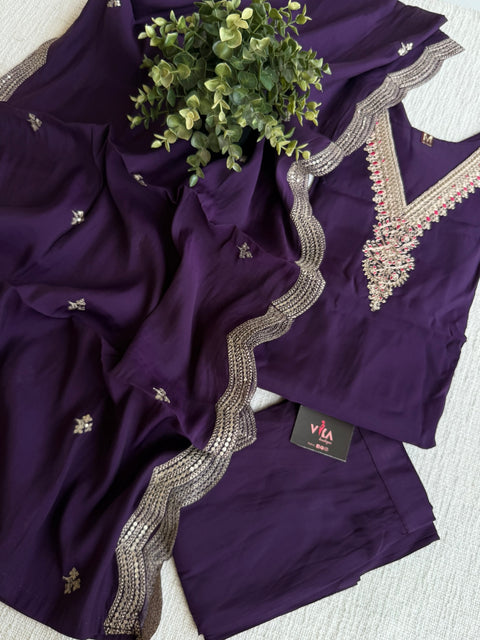 V neck emb roman silk kurta pant set