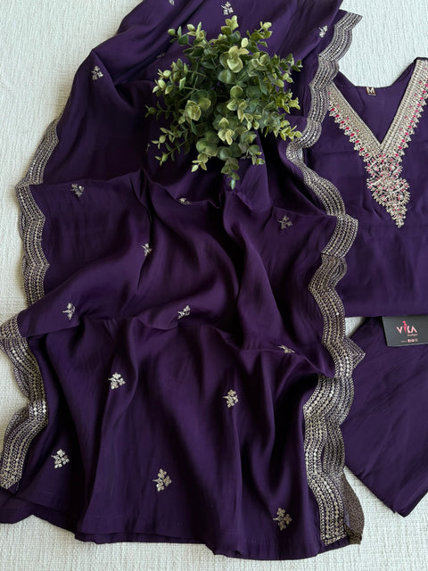 V neck emb roman silk kurta pant set