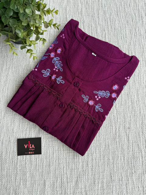 Neck emb Crush cotton nighty-Burgundy