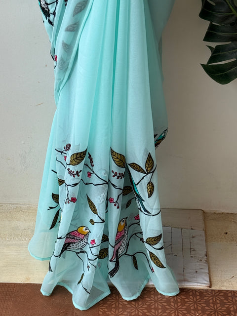 Sky Blue bird emb georgette saree