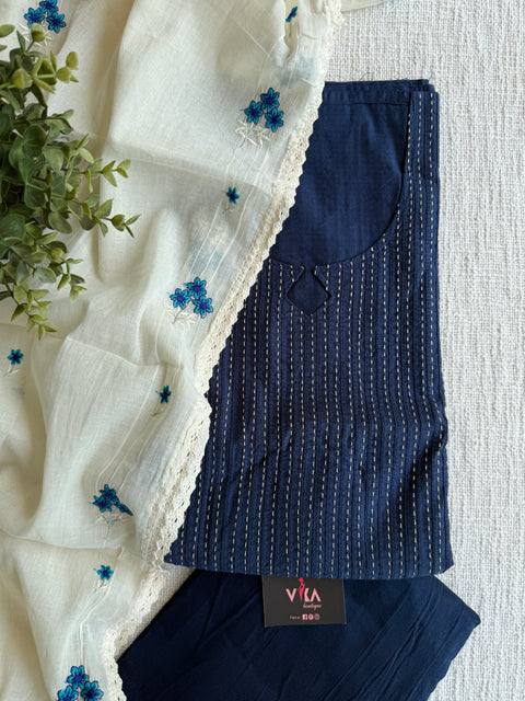 Navy Blue Silk cotton suit set