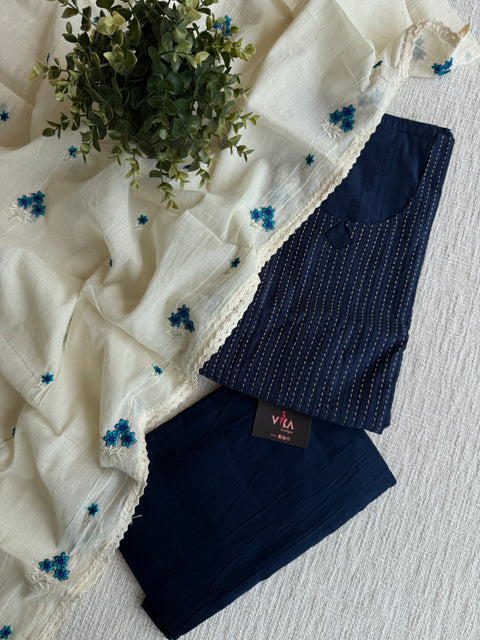Navy Blue Silk cotton suit set
