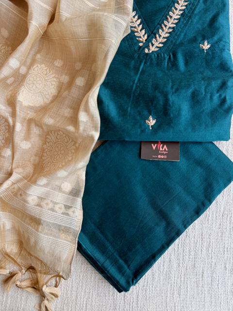 V neck silk cotton suit set