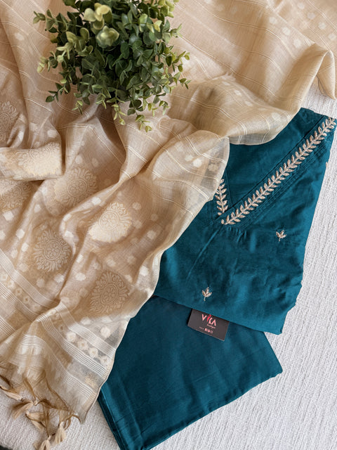V neck silk cotton suit set