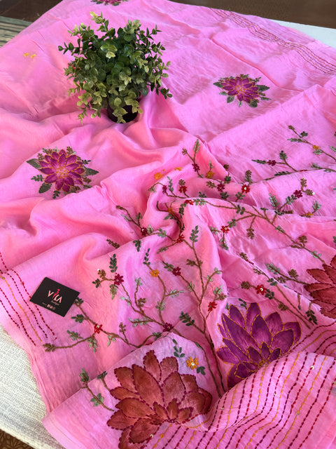 Hand emb mul chanderi saree