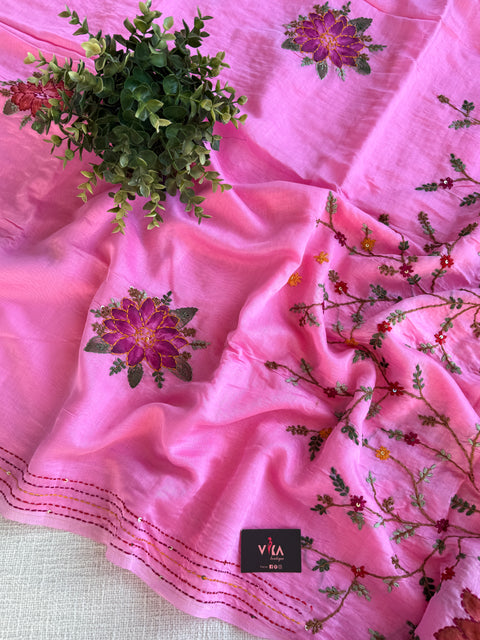 Hand emb mul chanderi saree