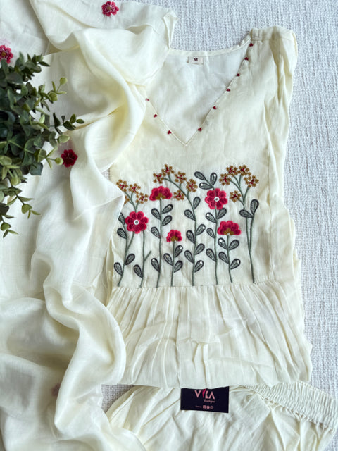 Cream emb pure mul cotton suit set