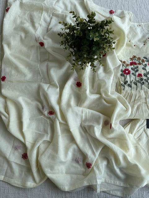 Cream emb pure mul cotton suit set