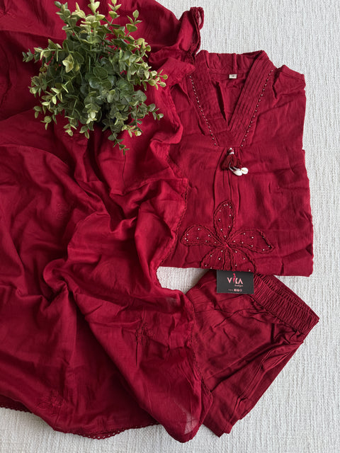 Applique maroon pure cotton suit set