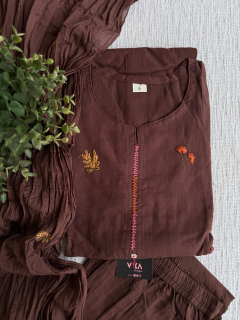 Floral emb slub cotton suit set
