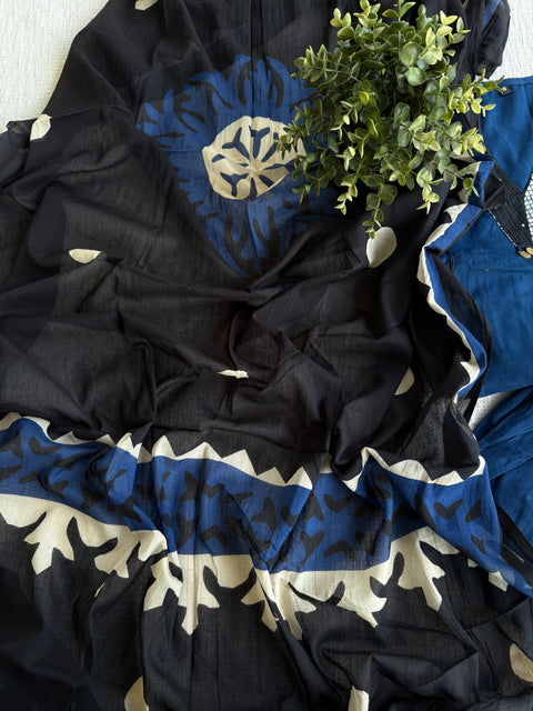 V neck black blue cotton suit set