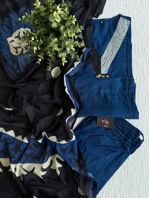 V neck black blue cotton suit set
