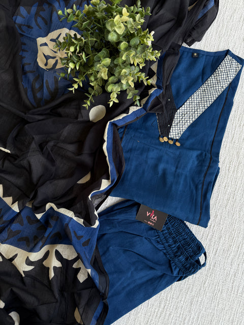 V neck black blue cotton suit set