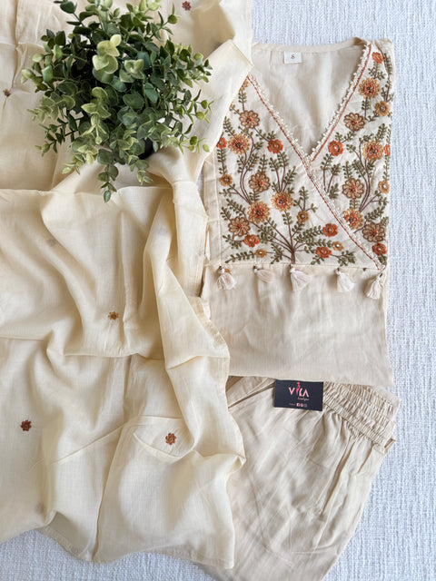 Floral emb mul cotton suit set
