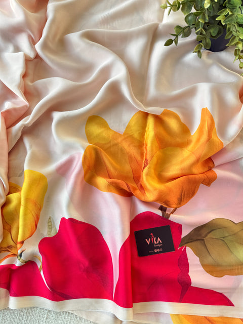 Vintage floral printed satin saree