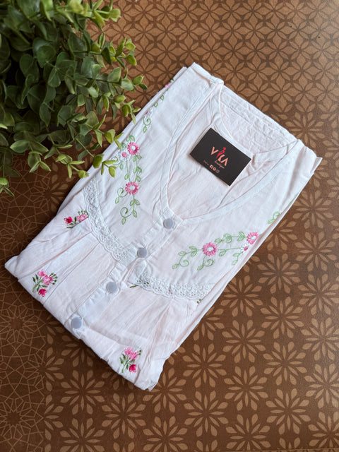 V neck floral emb cotton nighty - Peach