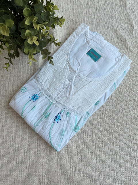 Yoke Pastel emb pure cotton nighty - White