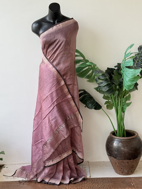 Onion pink pure silk linen saree