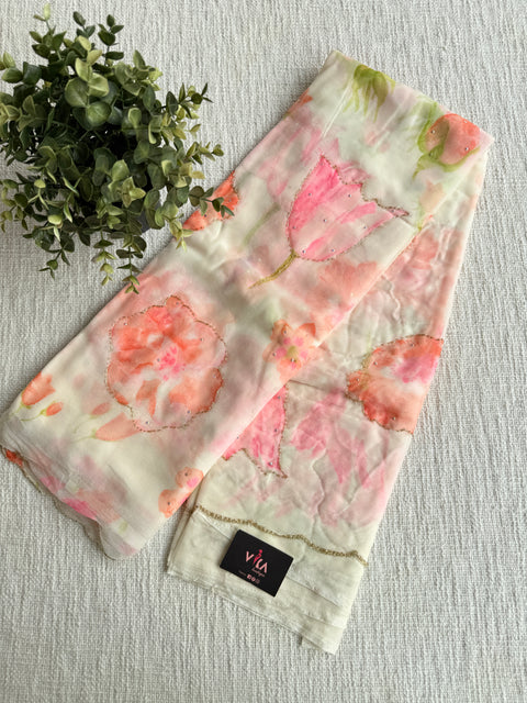 Cut dana work Floral printed chiffon saree