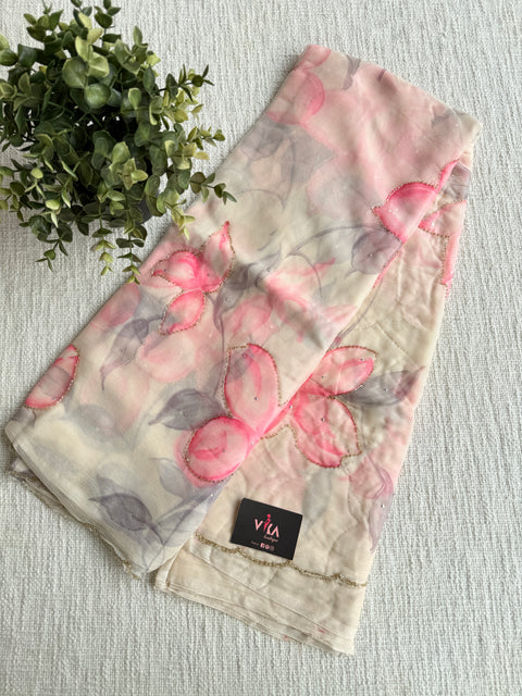 Cut dana work Floral printed chiffon saree