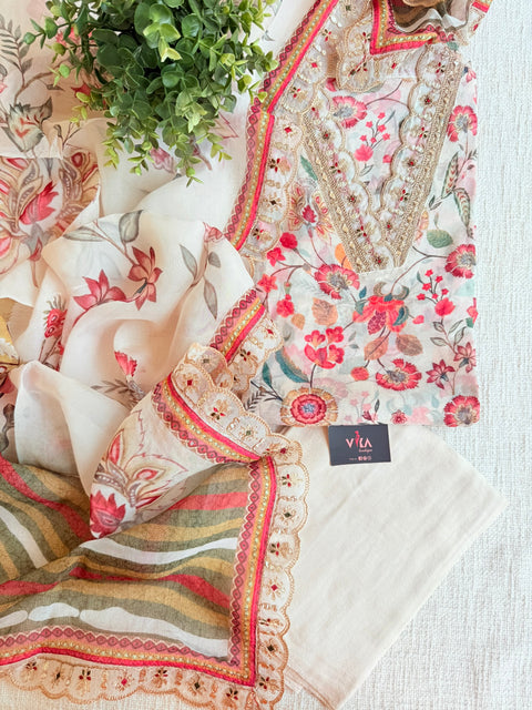 V neck printed organza suit material