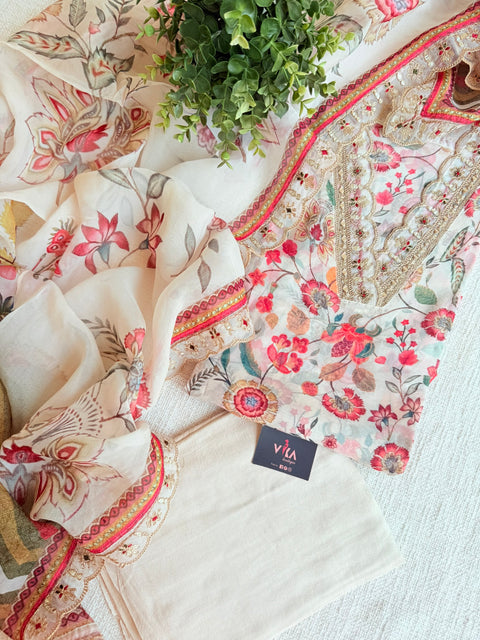 V neck printed organza suit material