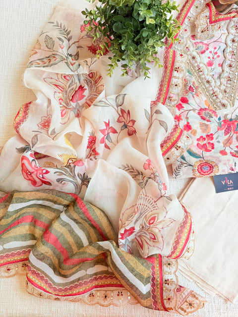 V neck printed organza suit material