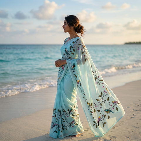 Sky Blue bird emb georgette saree